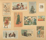 Trade cards depicting clothing, boxes, children, men, women, birds, a musical instrument, a sled, games of chance, cats playing with a boot and the nursery rhyme 'Mary had a little lamb'.