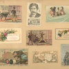 Trade cards depicting flowers, streets, men, dogs, elephants, horses, a donkey, a goat and thread.