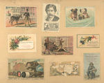 Trade cards depicting flowers, streets, men, dogs, elephants, horses, a donkey, a goat and thread.