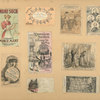 Trade cards depicting men, pigs, clocks, watches, food, a restaurant, a cat, a fan, sweeping, a woman wearing an apron and a man on a tightrope painting a mural.