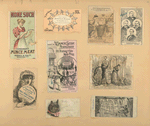 Trade cards depicting men, pigs, clocks, watches, food, a restaurant, a cat, a fan, sweeping, a woman wearing an apron and a man on a tightrope painting a mural.