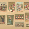 [Trade cards depicting children, miniature children, men, toy rabbits, drums, a flute, a telescope, a nutcracker, a globe, a newspaper, flowers and organ grinders with playing cards decorating.]