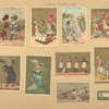 Trade cards depicting children, miniature children, men, toy rabbits, drums, a flute, a telescope, a nutcracker, a globe, a newspaper, flowers and organ grinders with playing cards decorating.