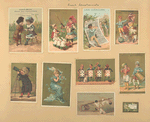 Trade cards depicting children, miniature children, men, toy rabbits, drums, a flute, a telescope, a nutcracker, a globe, a newspaper, flowers and organ grinders with playing cards decorating.