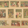Trade cards depicting playing cards, children, adults, jesters, soldiers, dragon flies, jars of meat, a well, a couple, a dog, gardening, fishing and a boy dressed as a bird.