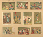 Trade cards depicting playing cards, children, adults, jesters, soldiers, dragon flies, jars of meat, a well, a couple, a dog, gardening, fishing and a boy dressed as a bird.