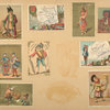 [Trade cards depicting men, women, soldiers, rugs, vases, drums, a gun, an American flag skirt, telephone poles and lines, the Herault and Gard departments of France and the goods they produce.]
