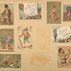 Trade cards depicting men, women, soldiers, rugs, vases, drums, a gun, an American flag skirt, telephone poles and lines, the Herault and Gard departments of France and the goods they produce.