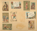 Trade cards depicting men, women, soldiers, rugs, vases, drums, a gun, an American flag skirt, telephone poles and lines, the Herault and Gard departments of France and the goods they produce.