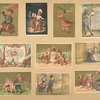 Trade cards depicting children, a newspaper, a butterfly net, butterflies, a kitchen, coffee liqueur, a bench, a dog, travelers, courtship, a waiter, dining and the Seine-et-Oise department of France and it's products.