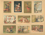 Trade cards depicting children, a newspaper, a butterfly net, butterflies, a kitchen, coffee liqueur, a bench, a dog, travelers, courtship, a waiter, dining and the Seine-et-Oise department of France and it's products.