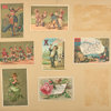 Trade cards depicting men, women, children, a fairy, flowers, wine, playing cards, keys, child soldiers, fighting, celebrating, drinking, playing a musical instrument and the Calvados department of France and it's products.