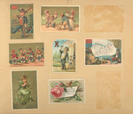 Trade cards depicting men, women, children, a fairy, flowers, wine, playing cards, keys, child soldiers, fighting, celebrating, drinking, playing a musical instrument and the Calvados department of France and it's products.