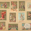 Trade cards depicting children, soldiers, flags, playing cards, a horseback rider, a high chair, a baby basket, a doll, flowers, a vase, a fan, a tailor, a Tunisian soldier, the Maine-et-Loire department of France and it's products.