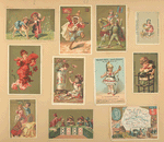 Trade cards depicting children, soldiers, flags, playing cards, a horseback rider, a high chair, a baby basket, a doll, flowers, a vase, a fan, a tailor, a Tunisian soldier, the Maine-et-Loire department of France and it's products.