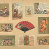 [Trade cards depicting children, women, men, soldiers, dogs, dolls, an easel, a newspaper, a globe, books, a mask, an insect, a fan, playing card soldiers, a wagon of jarred meat, a family with meat jar bodies, Austria and its products.]