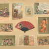 Trade cards depicting children, women, men, soldiers, dogs, dolls, an easel, a newspaper, a globe, books, a mask, an insect, a fan, playing card soldiers, a wagon of jarred meat, a family with meat jar bodies, Austria and its products.