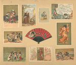 Trade cards depicting children, women, men, soldiers, dogs, dolls, an easel, a newspaper, a globe, books, a mask, an insect, a fan, playing card soldiers, a wagon of jarred meat, a family with meat jar bodies, Austria and its products.