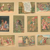 Trade cards depicting children, men, women, couples, courtship, coffee liqueur, a train, a carriage, travelers, a picnic, a sword, wheat harvesting, the island Martinique and it's resources.