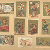 Trade cards depicting men, women, knights, flags, coffee liqueur, a rabbit, a hunter, a breaking window and dishes, a man falling, a stowaway, letters, a telephone pole, trousseaux, the Gironde department of France and it's products.