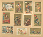 Trade cards depicting men, women, knights, flags, coffee liqueur, a rabbit, a hunter, a breaking window and dishes, a man falling, a stowaway, letters, a telephone pole, trousseaux, the Gironde department of France and it's products.