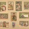 Trade cards depicting children, women, men, soldiers, musicians, a fairy, the Queen of Hearts, playing cards, toys, flowers, a well and a cat.