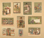 Trade cards depicting children, women, men, soldiers, musicians, a fairy, the Queen of Hearts, playing cards, toys, flowers, a well and a cat.