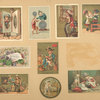 Trade cards depicting children, acrobats, travelers, a railroad, a mirror, flowers, a dog, books, fish, carrots, coins, a jar of meat and cooking.