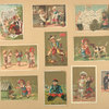 Trade cards depicting children, men, dogs, a newspaper, a cupid, chess pieces, flowers, jump roping, a cooking accident and Germany.