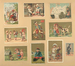 Trade cards depicting children, men, dogs, a newspaper, a cupid, chess pieces, flowers, jump roping, a cooking accident and Germany.