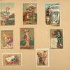 Trade cards depicting children, women, men, furs, books, flowers, a newspaper, a musician, a clock, a tide pool and a bird.