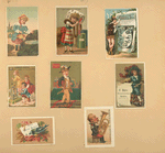 Trade cards depicting children, women, men, furs, books, flowers, a newspaper, a musician, a clock, a tide pool and a bird.