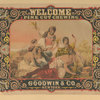 An advertisement for Welcome Fine Cut Chewing depicting women lying in a field with tobacco and product boxes.