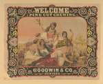 An advertisement for Welcome Fine Cut Chewing depicting women lying in a field with tobacco and product boxes.