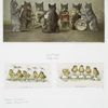 Easter cards depicting chicks using flowers as umbrellas and standing on egg shells; a print entitled 'Thomas's Orchestra' depicting a cat orchestra.