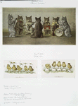Easter cards depicting chicks using flowers as umbrellas and standing on egg shells; a print entitled 'Thomas's Orchestra' depicting a cat orchestra.