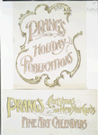 Posters with the words 'Prang's holiday publications' and 'Prang's Christmas and New Year cards, fine art calendars.'