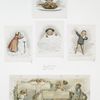 Calendar and Christmas cards depicting children, snowballs, snowman, winter, turkey, women, flowers, grapes and holly.