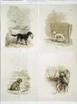 A Calendar depicting dogs : hunting birds, tied to a post, sitting  by feeding dish and sitting in a chair at a dressing table.