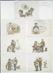 Yawcob's dribulations [depictions of boxers, a young boy, pants being tailored to fit a short overweight man, man losing his temper, peering at a mirror with a false reflection].