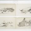 Pencil drawings #3 [depicting the beach, driftwood pile, boats and buildings].