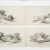 Pencil drawings #3 [depicting the ocean, sailboats, houses, trees, a woman on a road and farming equipment].