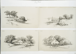 Pencil drawings #3 [depicting the ocean, sailboats, houses, trees, a woman on a road and farming equipment].