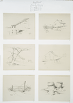 Landscape drawing [cards depicting a building built over a pond, fences, gates, barrels, a tree and wood].