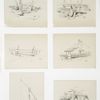 Landscape drawing #1 [cards depicting gates, fences, a sawhorse, barrels and houses].