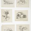 Landscape Drawing #2 [cards depicting houses, wood structures, gates, fences, a log, an axe, trees, buckets].