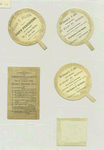 Trade cards depicting sailboats, a woman in a kimono saying goodbye, elephants, frogs, guns, military pack, bodies of water, trees and fans.