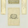 Trade cards from the Centennial Exhibition with botanical illustrations and depictions of a woman standing at a stream with a pitcher, an eagle, a medal and Hecker's flours.