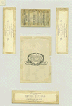 Trade cards from the Centennial Exhibition with botanical illustrations and depictions of a woman standing at a stream with a pitcher, an eagle, a medal and Hecker's flours.