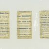 Trade cards depicting the steamboat Massachusetts making a trip from Boston to Providence, the Providence Line train traveling across a bridge, a steepled building and people gathered by a railroad track.